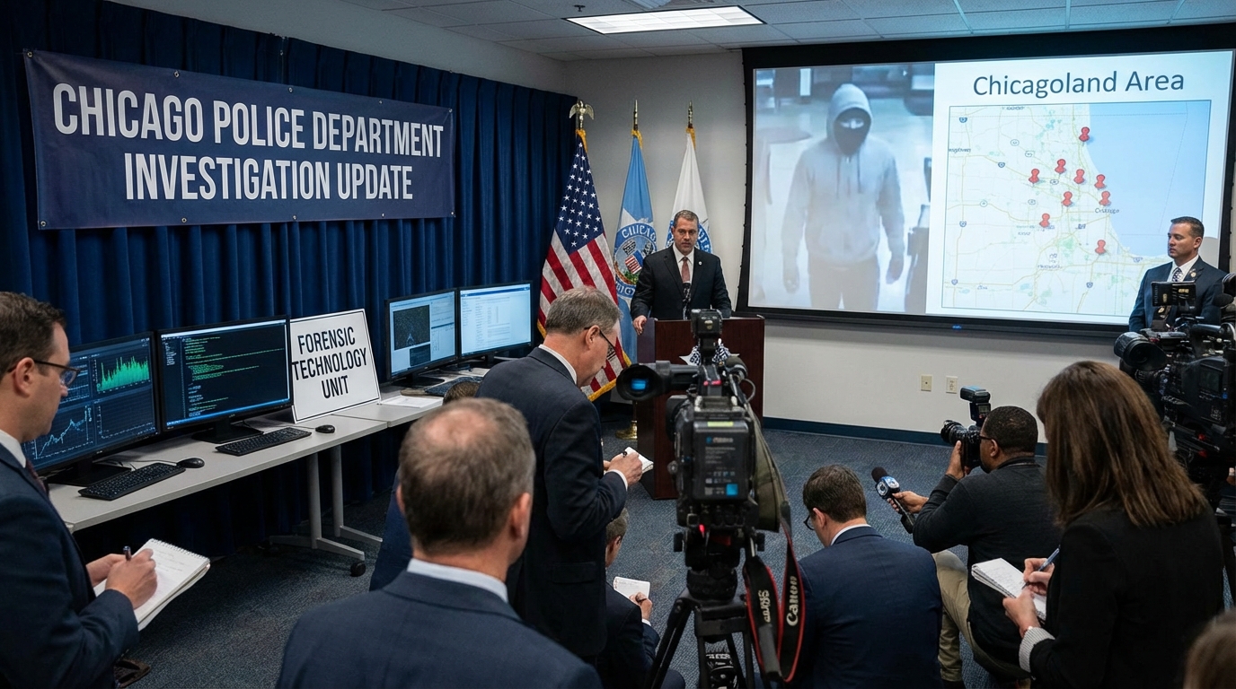 Forensic investigation setting with technology and digital maps.