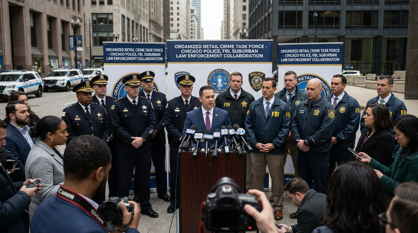 A safe and busy commercial street in Chicago with pedestrian traffic and police presence.