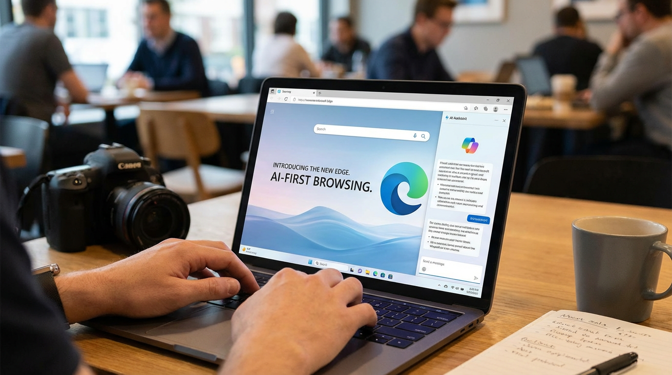 A modern laptop showing the futuristic redesigned interface of the Microsoft Edge browser with AI features.