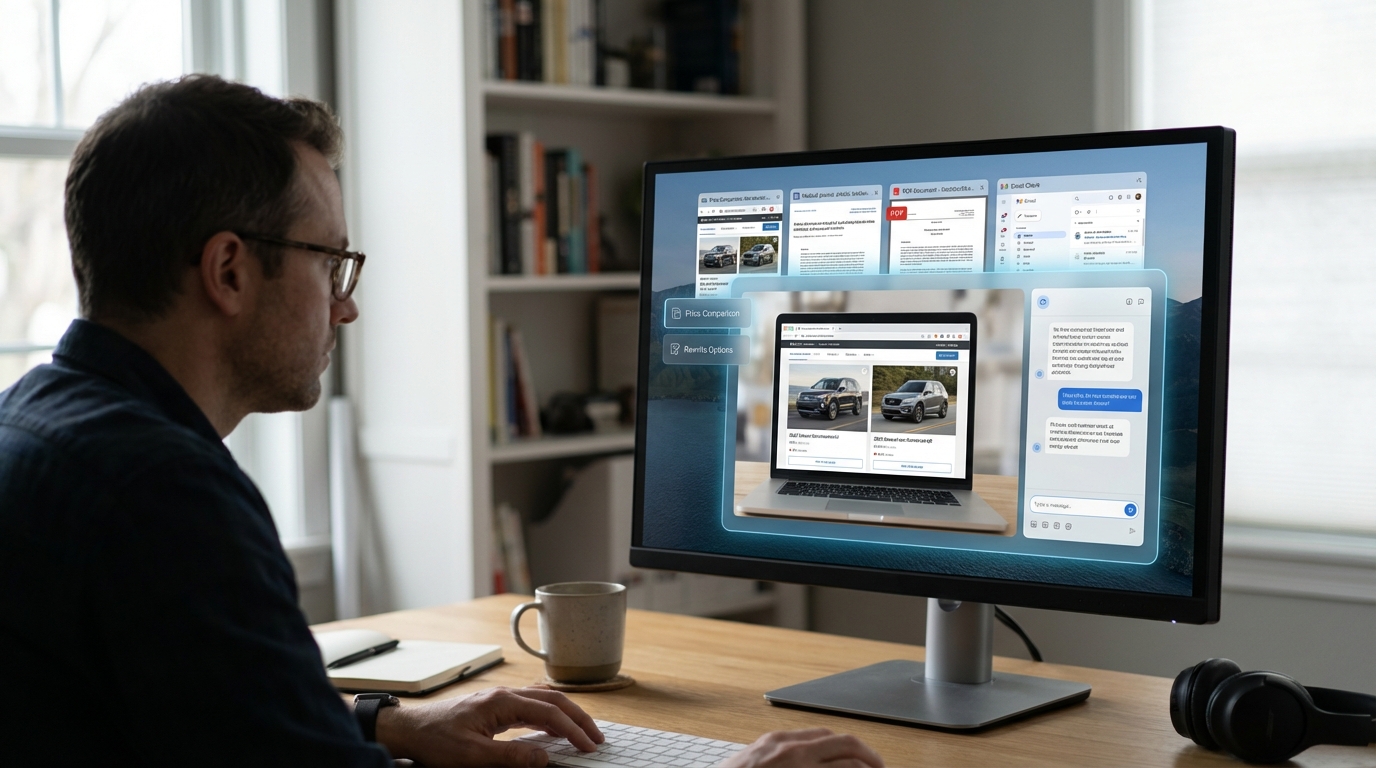 A user interacting with the integrated AI Copilot feature in the Edge browser for shopping and research.