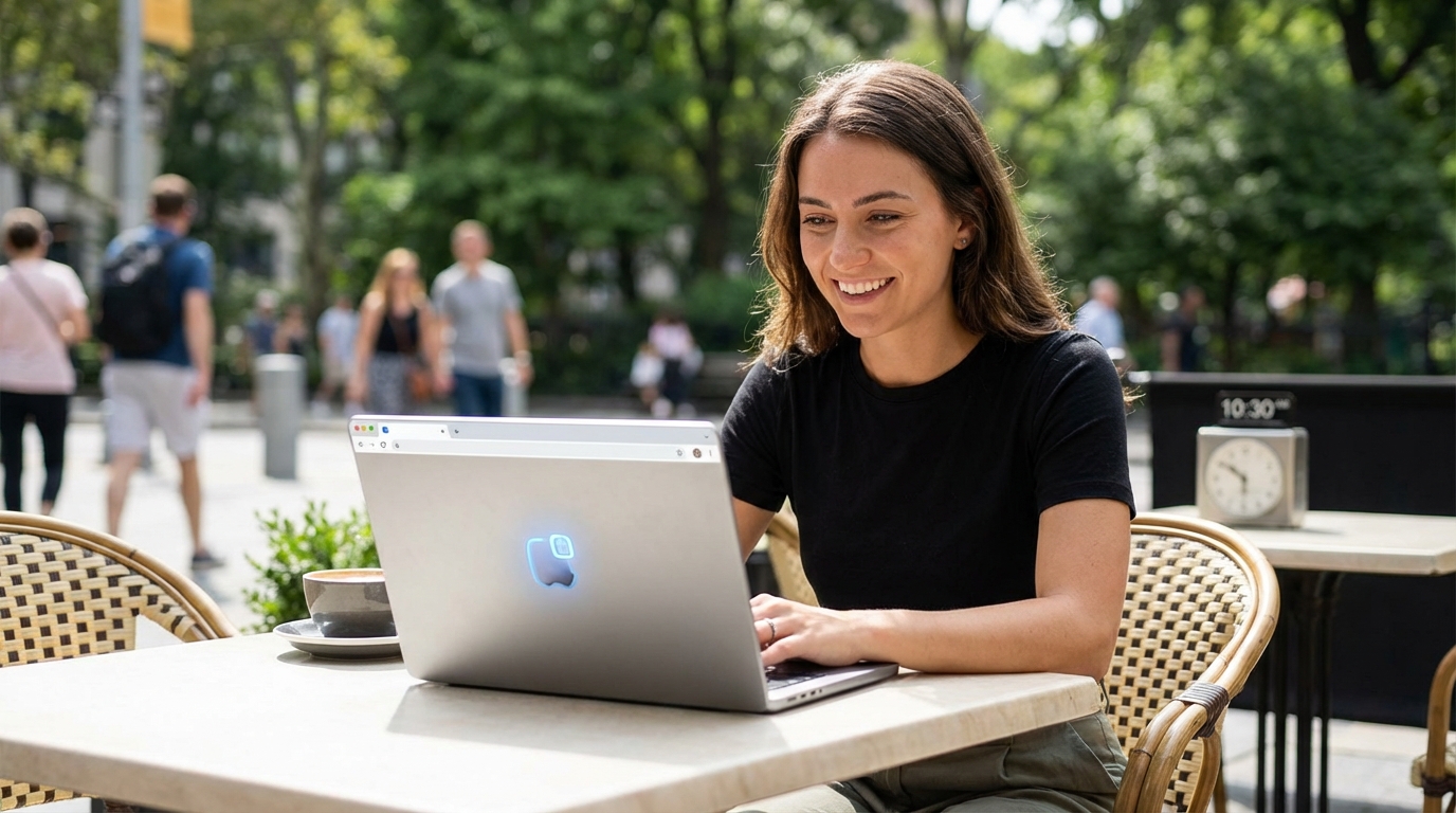 A professional using the high-performance Edge browser on a laptop in a cafe setting.