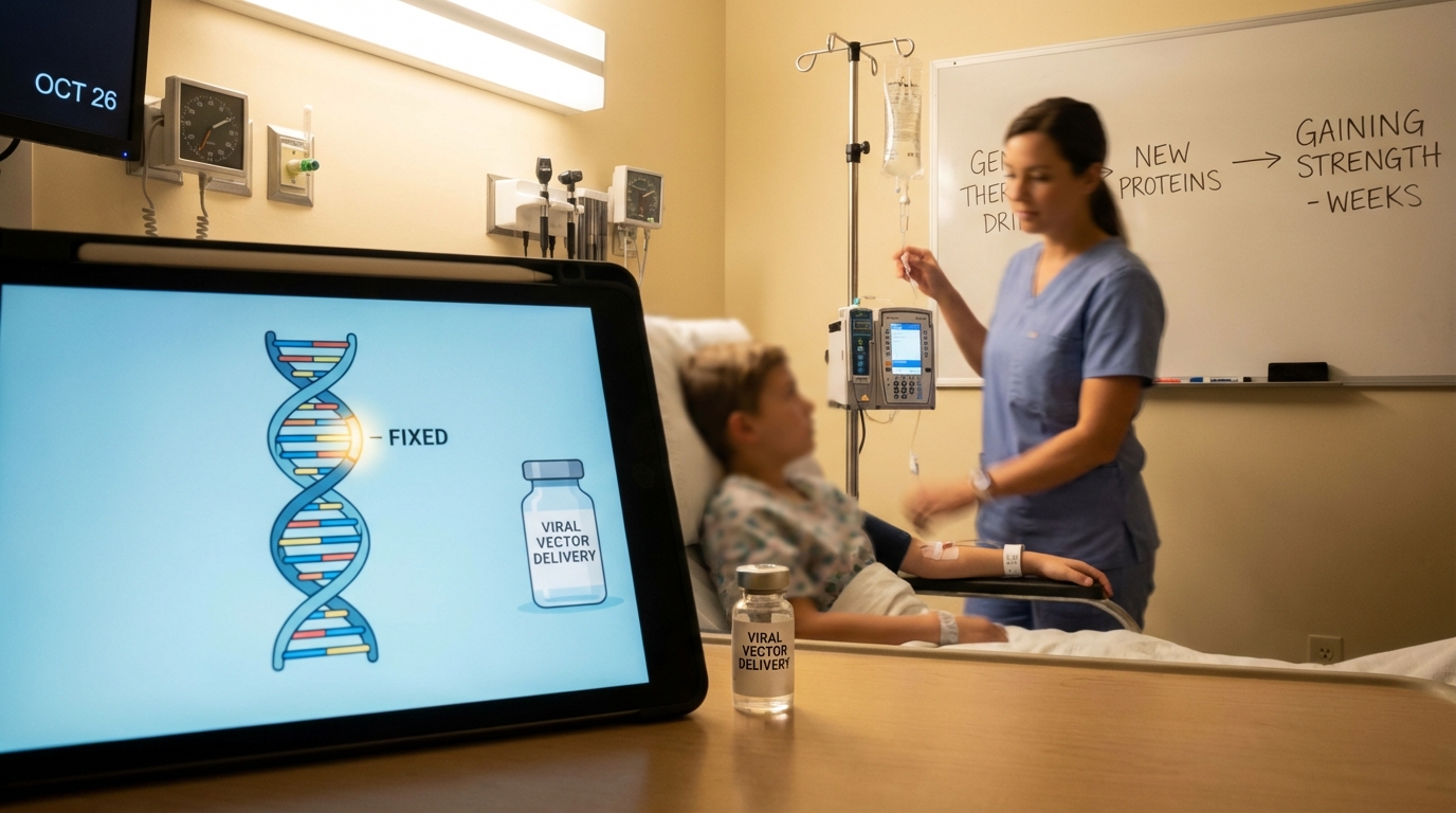 3D render of gene therapy technology repairing DNA strands.