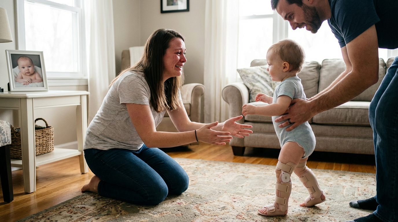 A mother and child celebrating a developmental milestone after medical treatment.