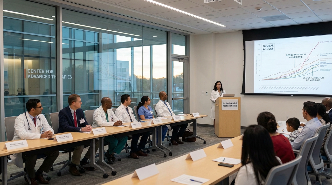 A doctor explaining gene therapy options to a family in a modern hospital setting.