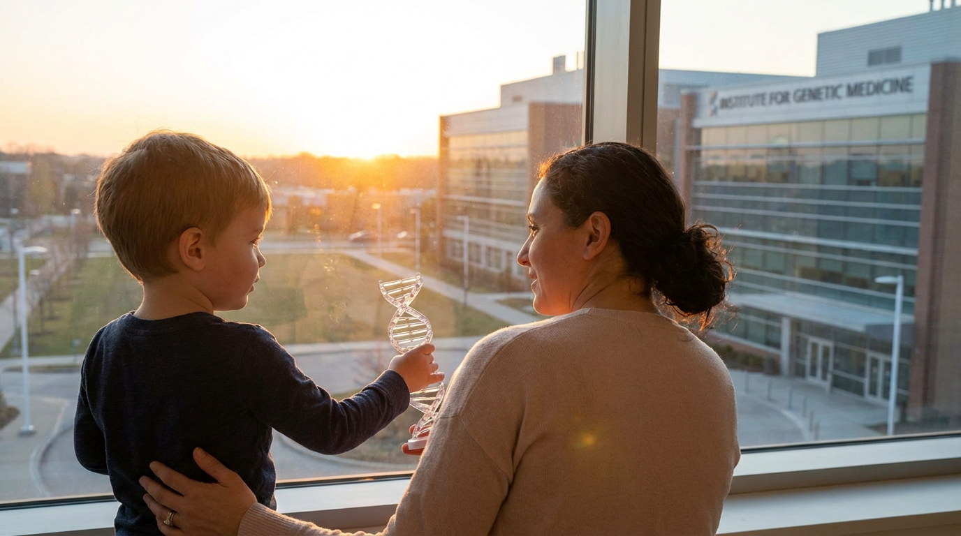 A child looking toward a bright future, symbolizing the end of genetic diseases.