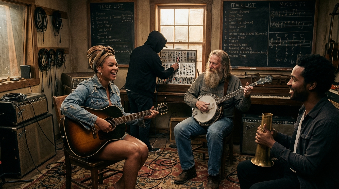 A regal artist standing in a sunflower field during golden hour representing a new musical era.