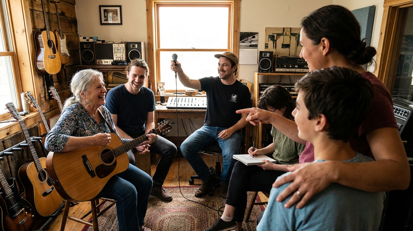 A family listening to a vinyl record in a warm, cozy living room setting.