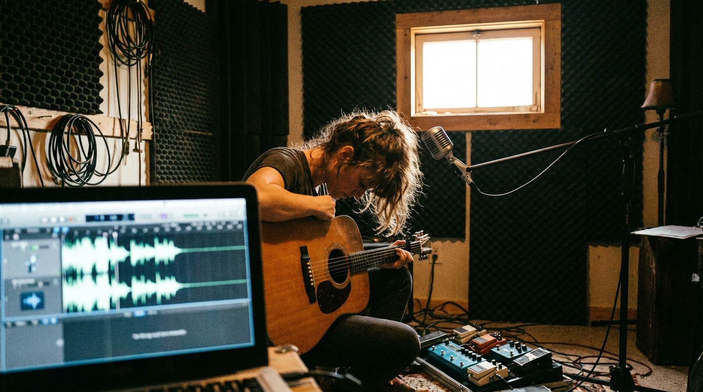 Abstract visual of colorful sound waves weaving through a dark, ethereal forest.