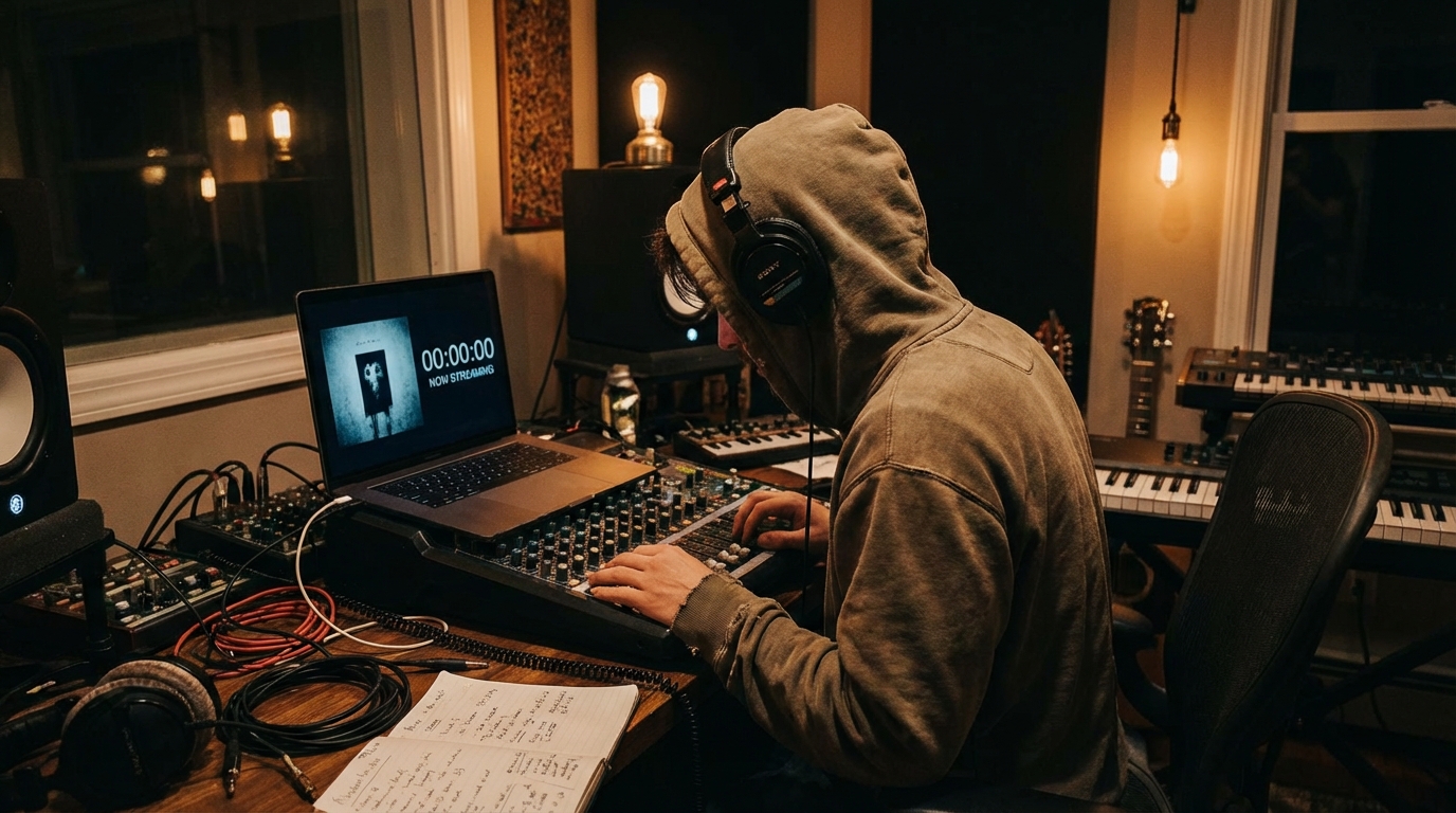 A diverse group of musicians collaborating in a modern, moody recording studio.