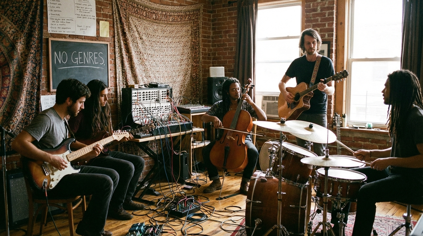 A close-up portrait of a visionary artist wearing a symbolic musical crown.