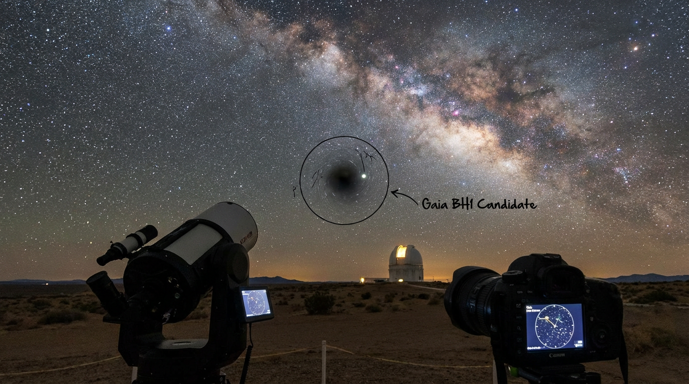 A visual representation of the Gaia BH1 black hole and its companion sun-like star in deep space.