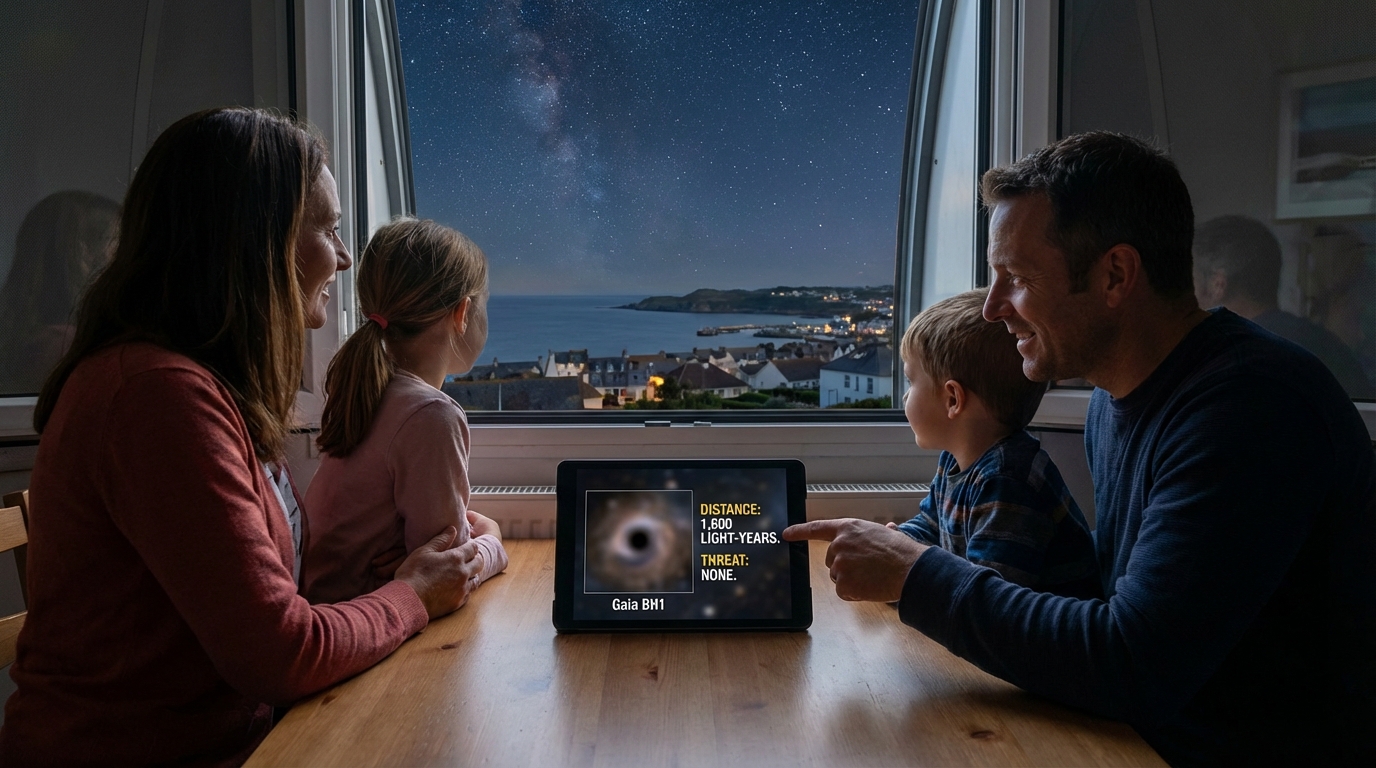 A family gazing at the stars safely from their backyard.