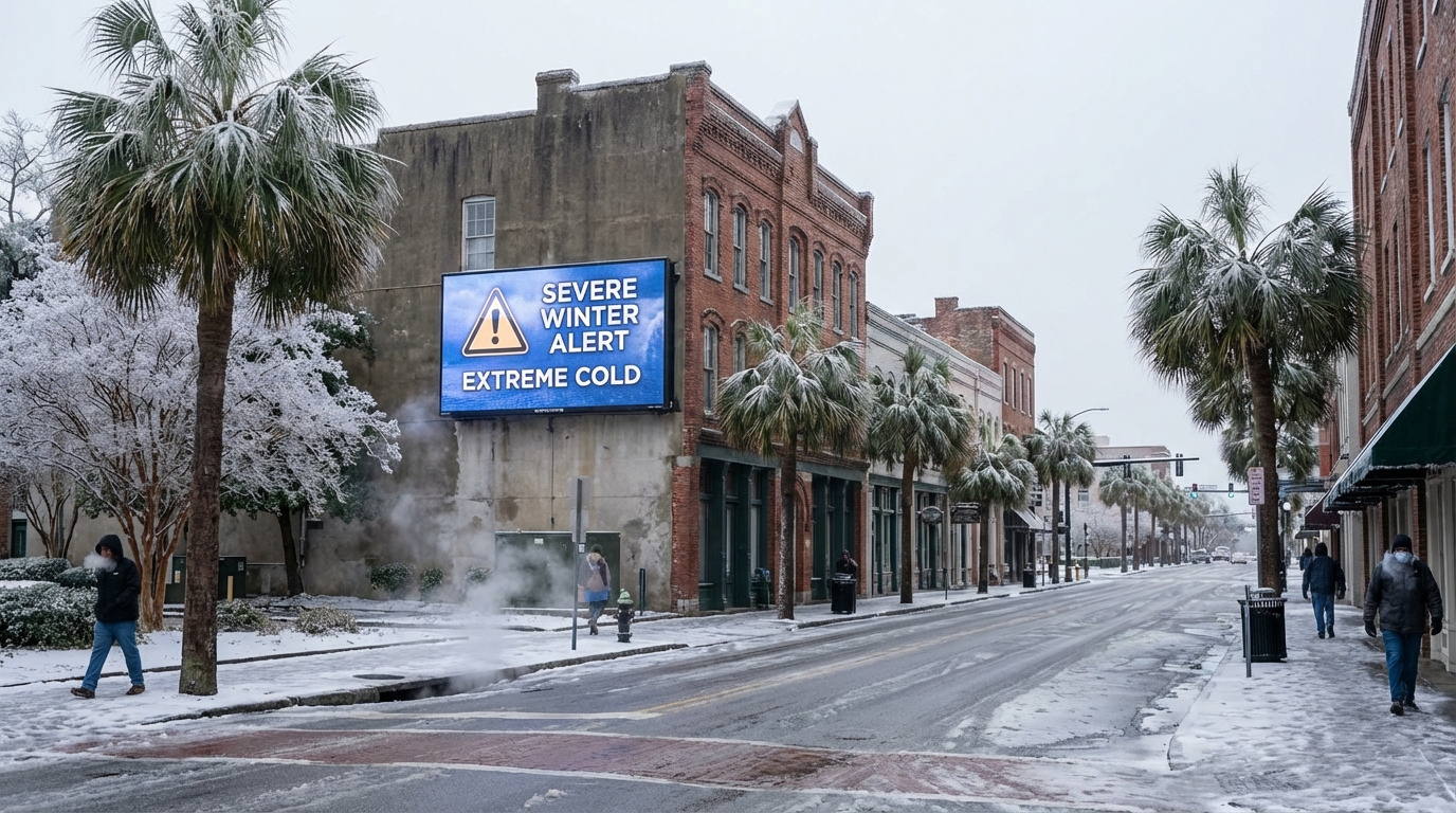 A southern US neighborhood covered in unusual deep snow and ice during an arctic blast.