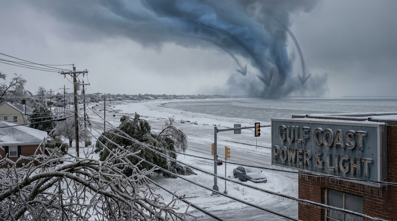 Meteorological map showing cold air moving from the Arctic to the Southern US states.