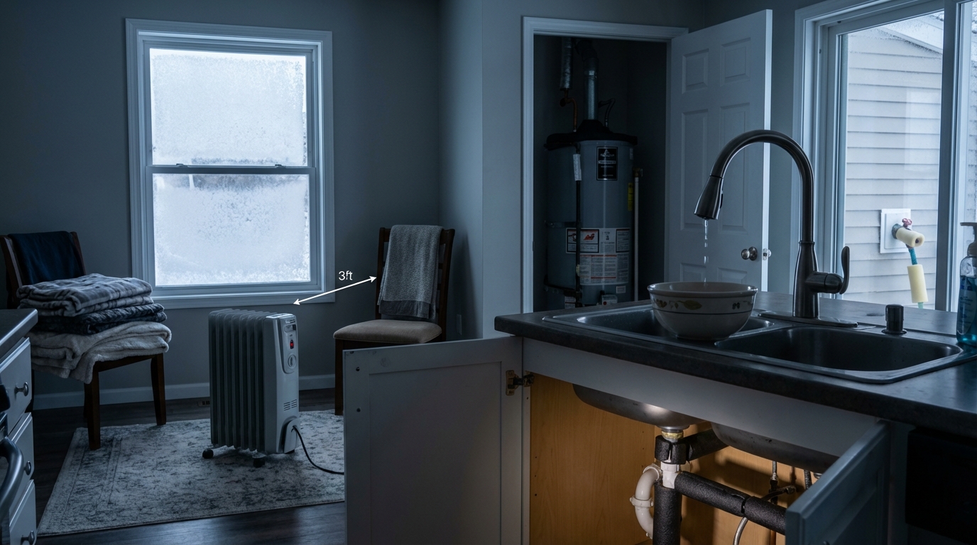 Hands holding a warm drink indoors during a winter storm.