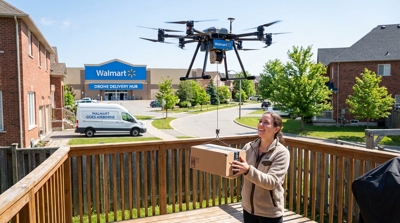 Aerial view from a delivery drone flying over a residential neighborhood during sunset.
