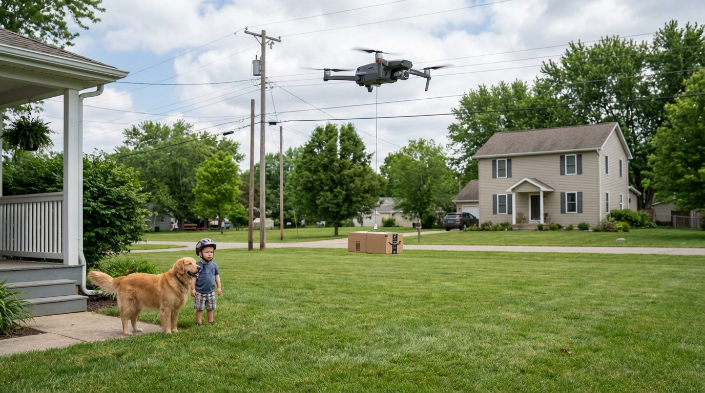 Close-up of a high-tech drone navigation sensor and camera system.