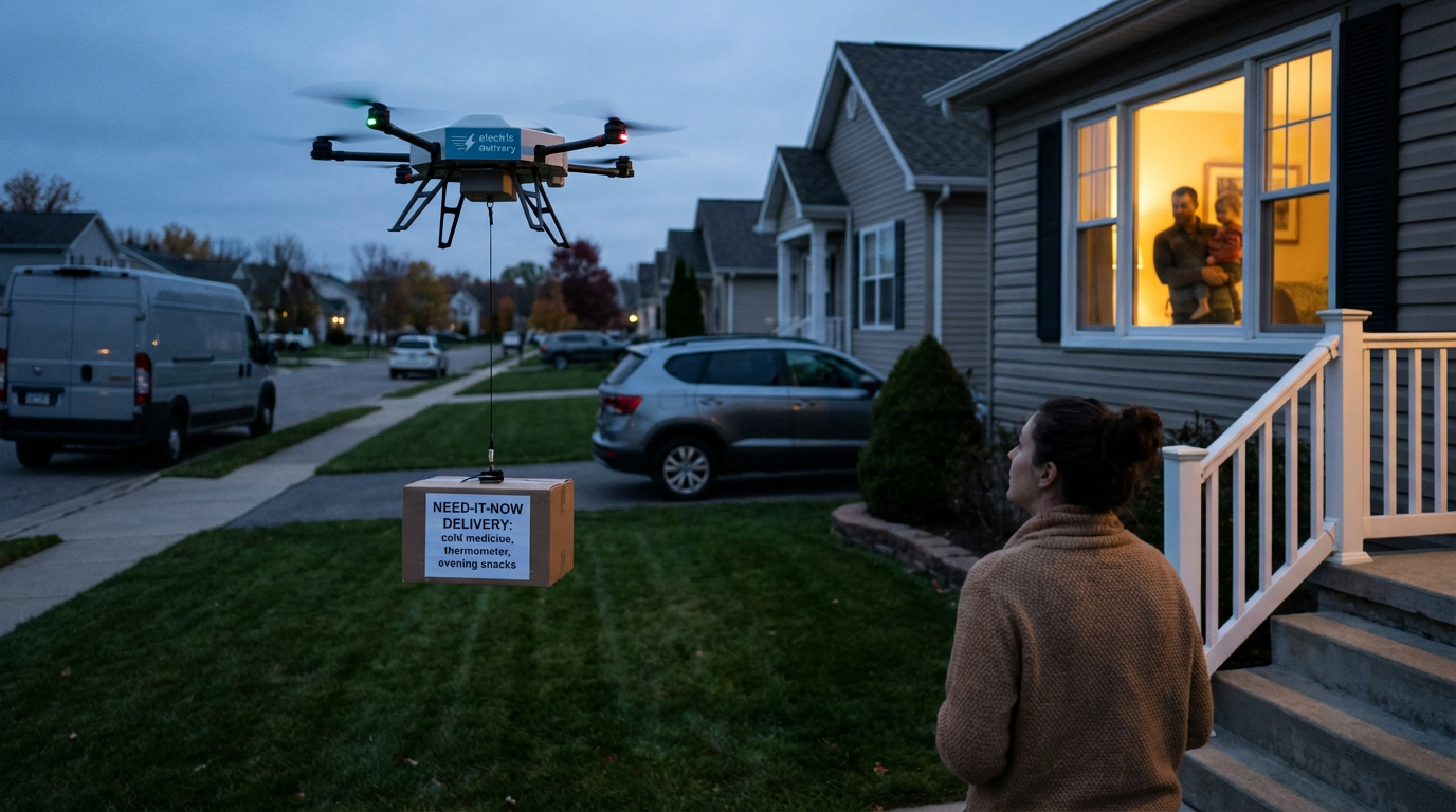 A mother and child looking out a kitchen window at an approaching delivery drone.