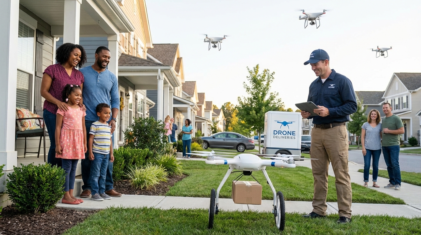 A retail store rooftop featuring a high-tech drone launch and docking station.