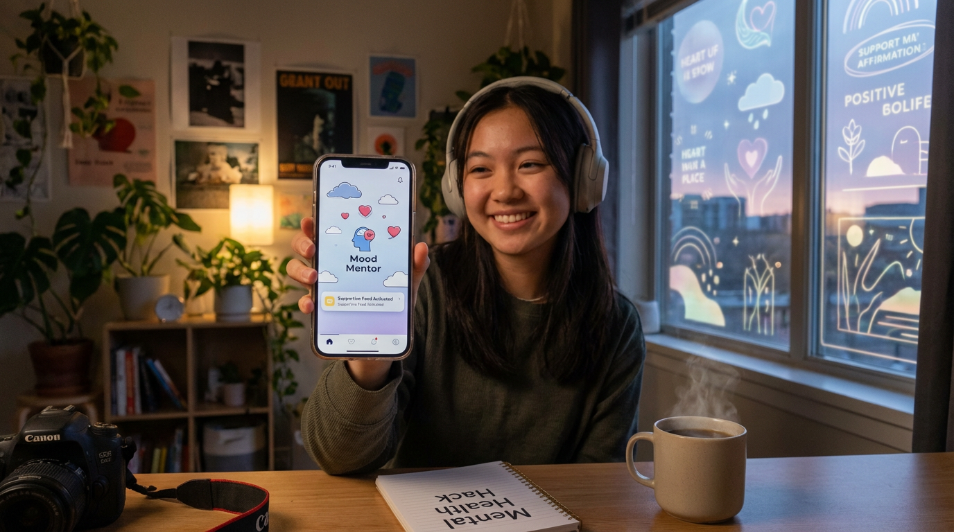 Teenagers using a peaceful mobile app together in a city setting