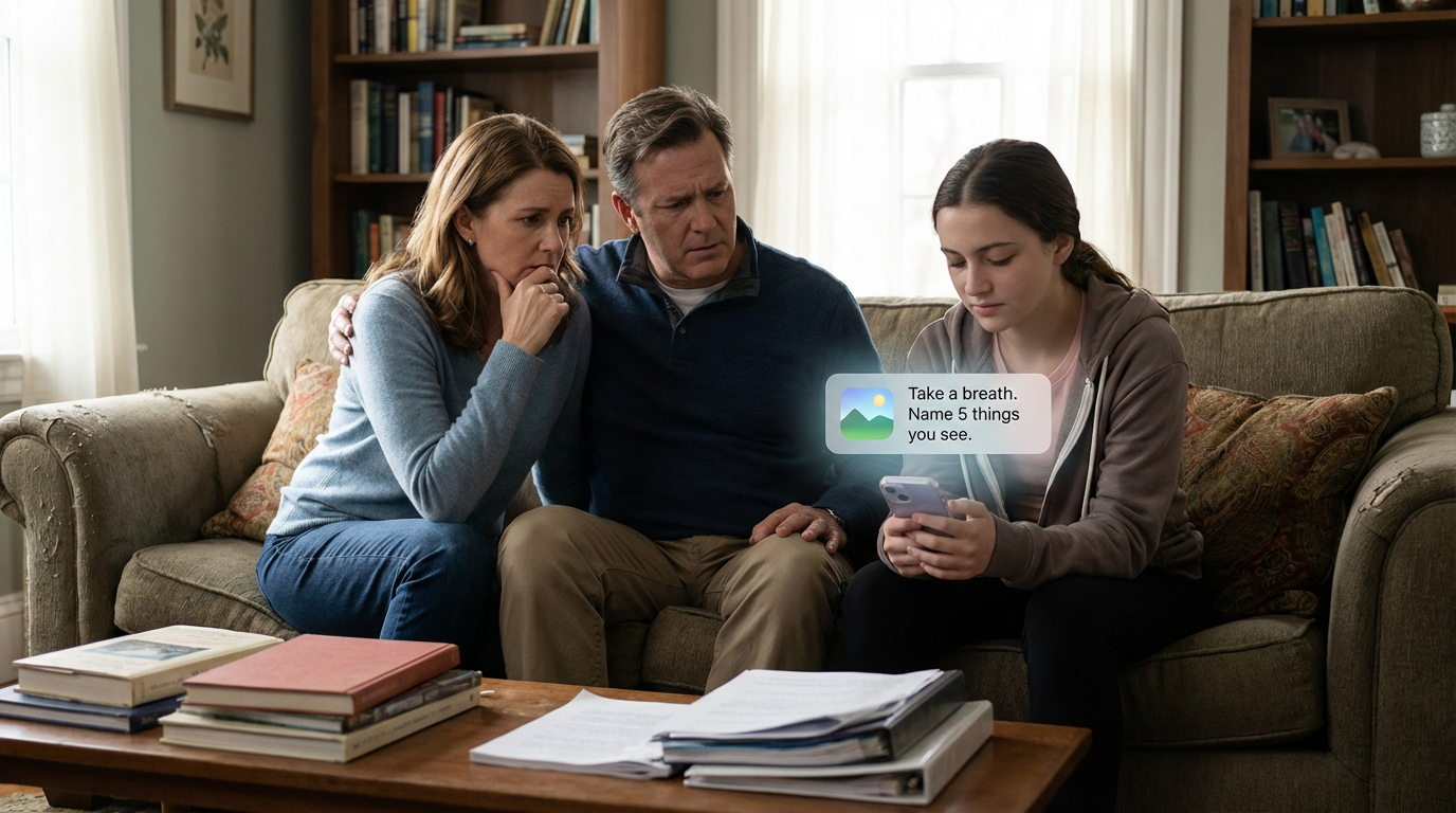 A calm teenager practicing breathing exercises while holding her smartphone