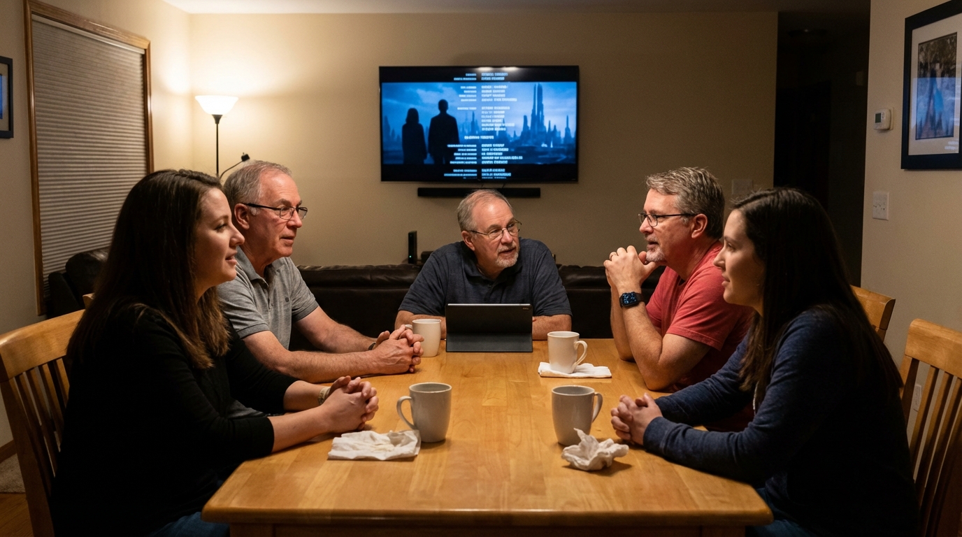 A family enjoying a meaningful film and discussing it together in their living room.
