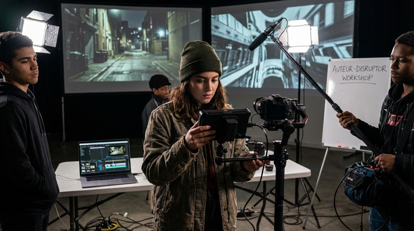 An emerging director working in a high-tech film editing suite.