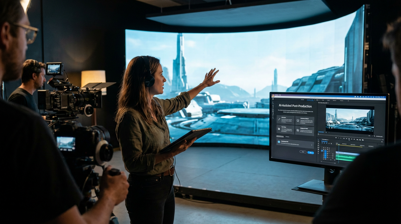 An emerging director using advanced virtual production technology on an indie film set.