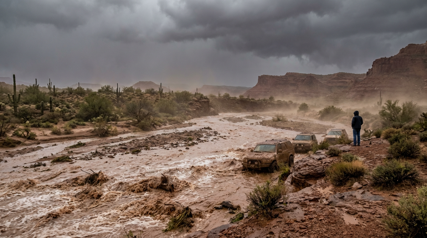 Massive storm clouds over a desert canyon with early stages of a flash flood filling a dry wash.