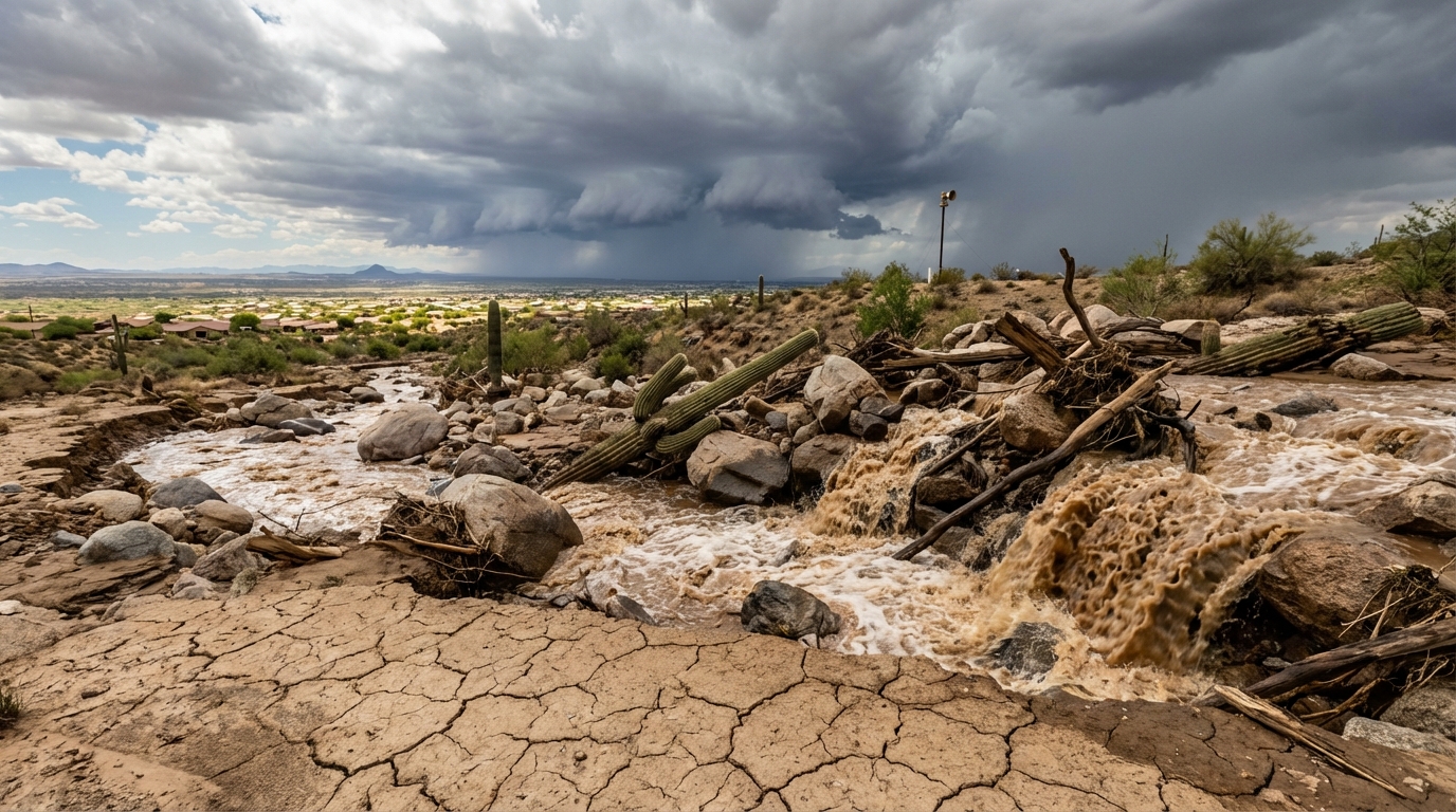 Aerial view of a desert road being flooded by a powerful muddy water current.