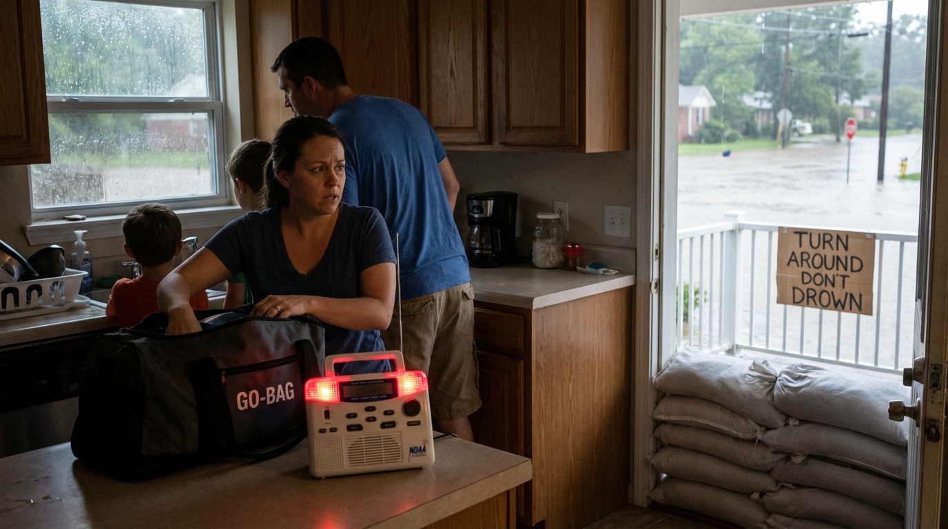 Sandbags and emergency supplies prepared in front of a residential desert home during a storm.