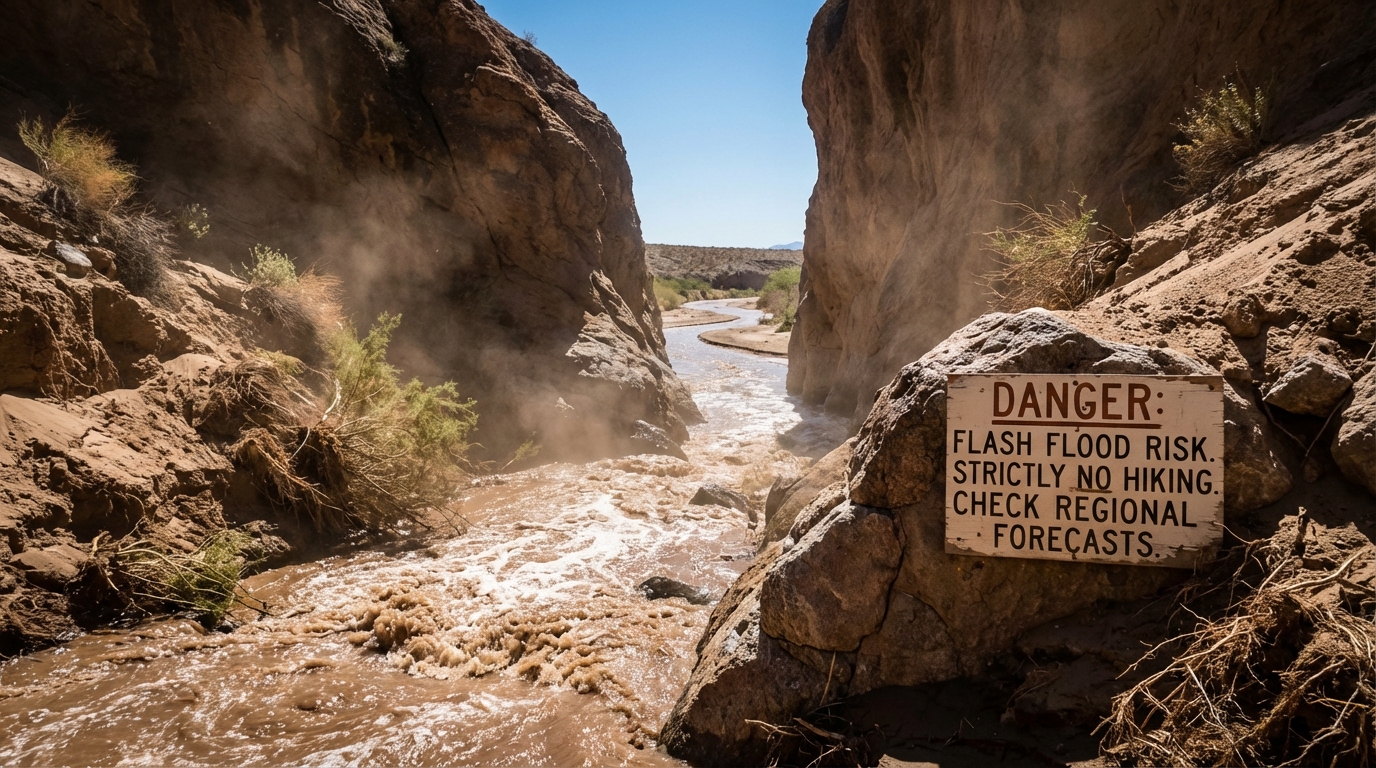 A dangerous flash flood rushing through a narrow orange sandstone slot canyon.