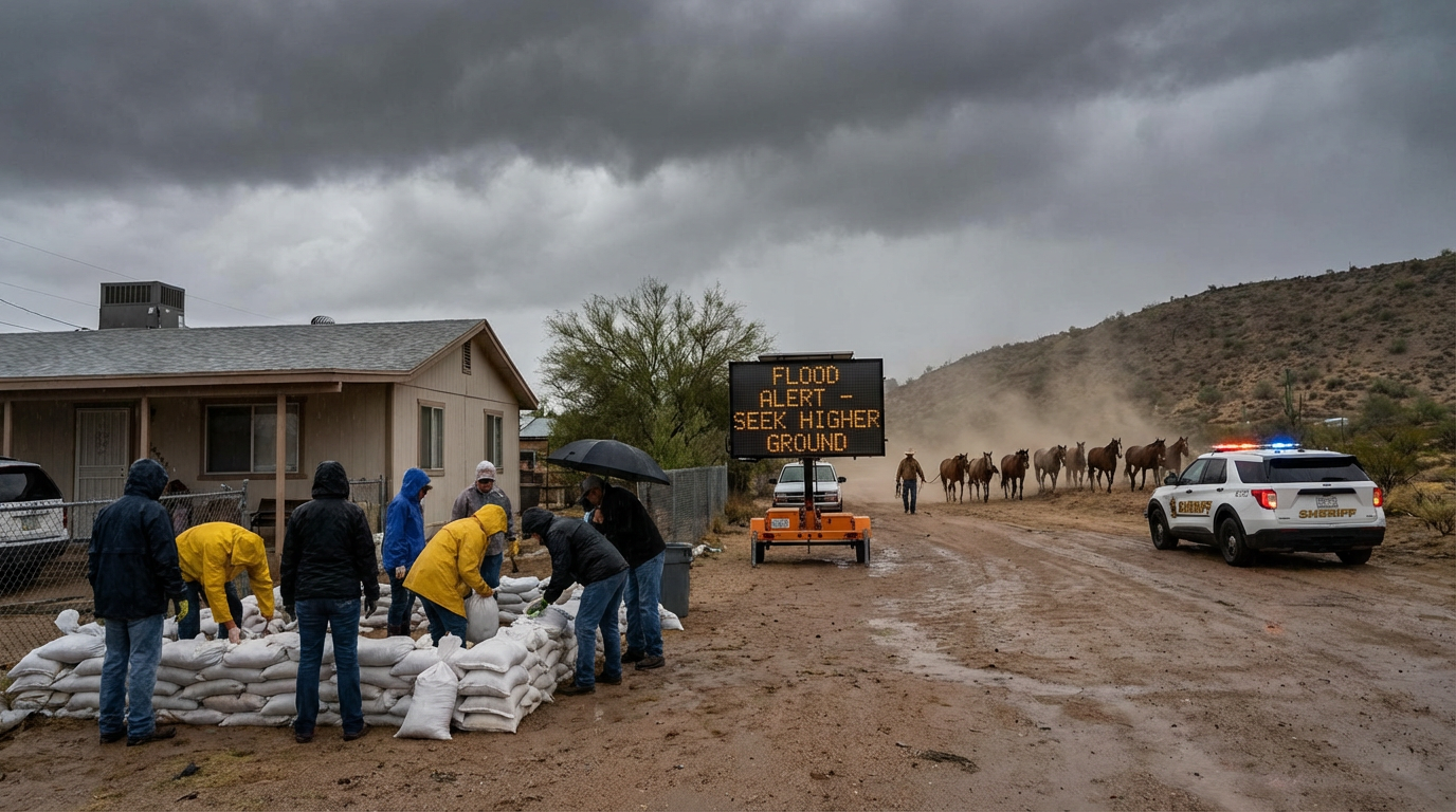 Desert landscape at sunset showing wet ground and retreating storm clouds after a heavy rain.