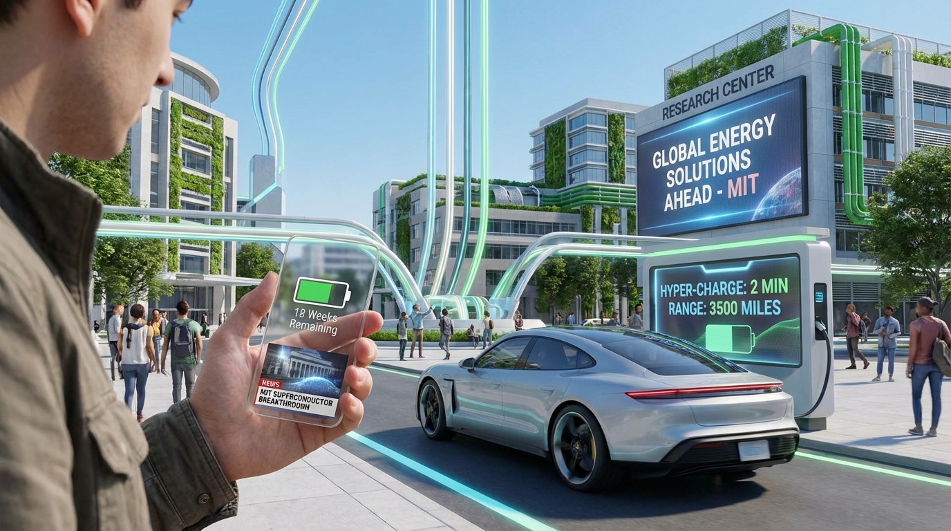 A futuristic glowing superconductor levitating in a high-tech MIT laboratory setting.