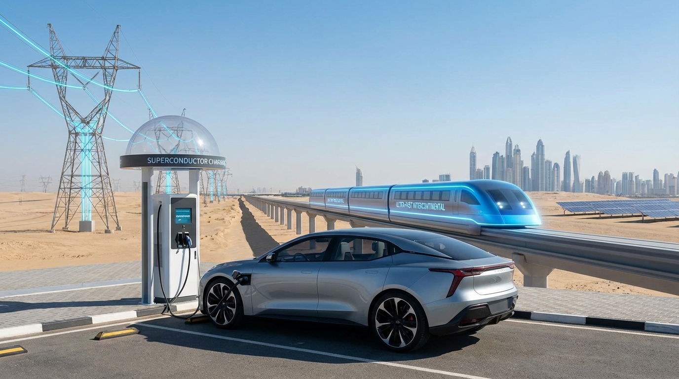 A high-speed futuristic Maglev train powered by superconducting technology moving through a green valley.