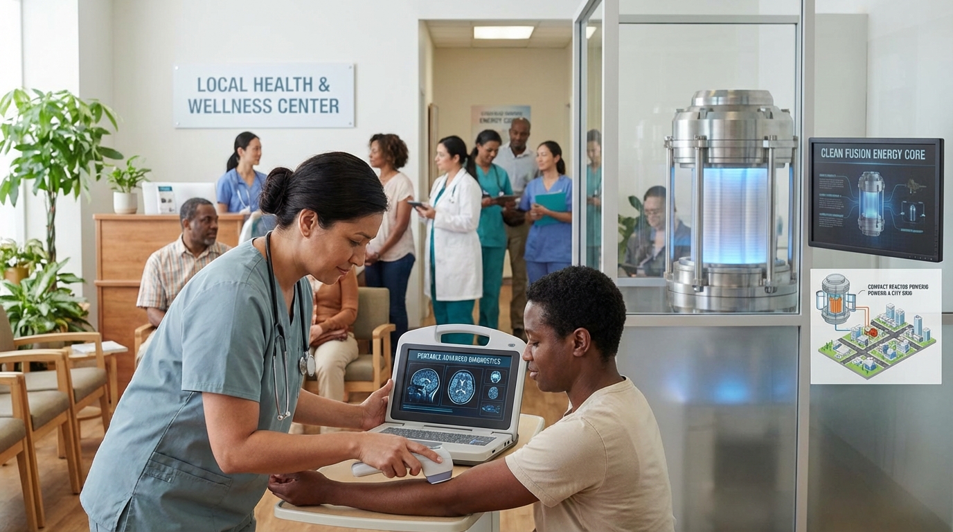 A modern medical room featuring a compact, next-generation MRI machine.