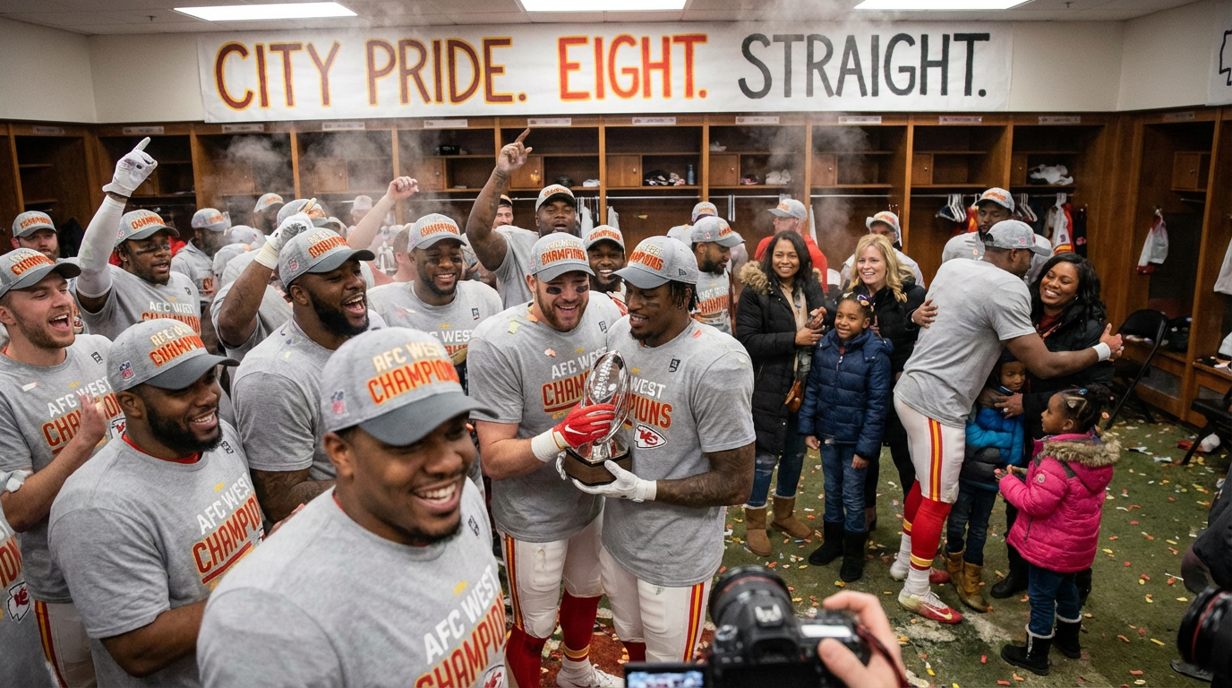 Football players celebrating in the locker room after clinching the AFC West title.