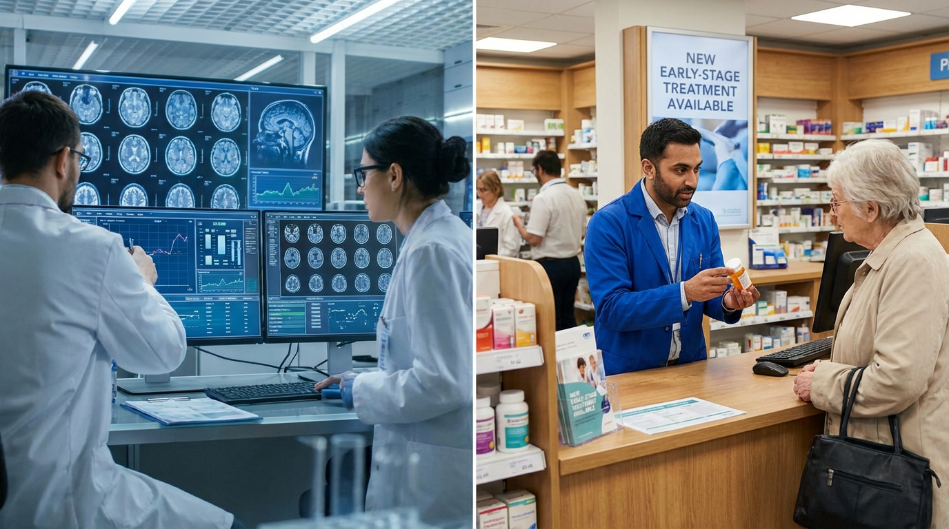 Medical researchers analyzing brain scans in a high-tech laboratory environment