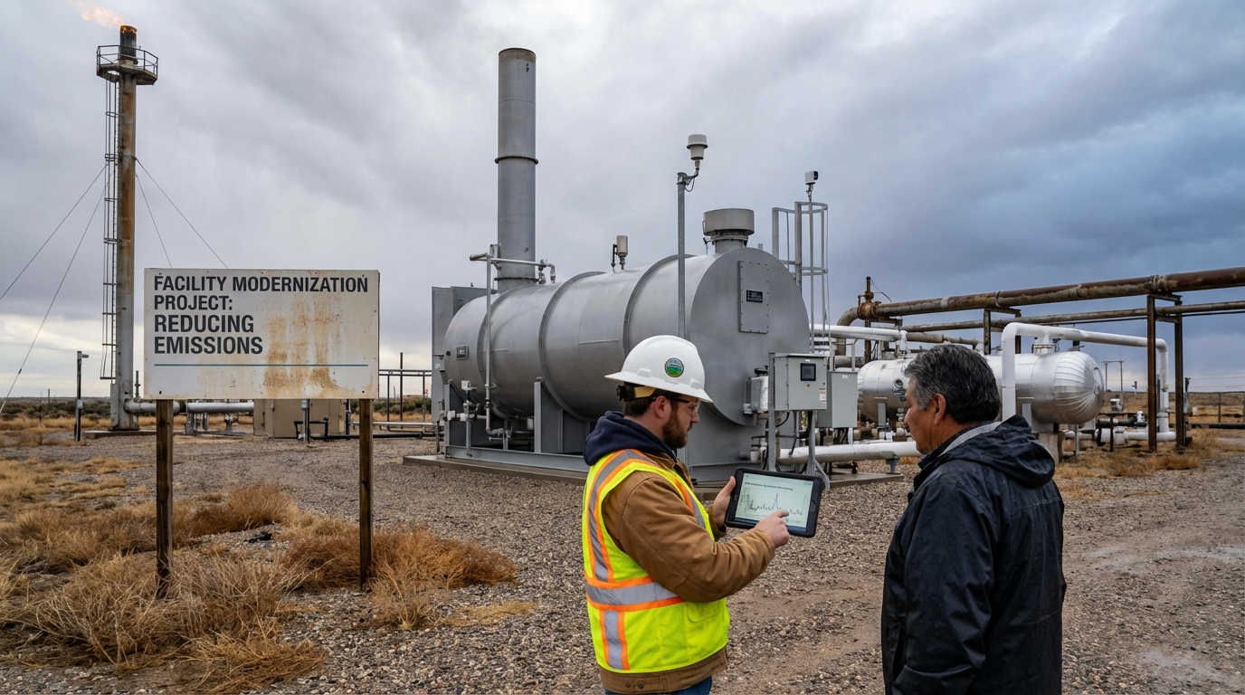 A clean, modern natural gas facility at sunrise representing new EPA methane emission standards.