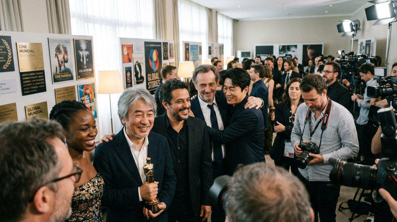 A diverse group of nominees representing international cinema at the 2025 Oscars.