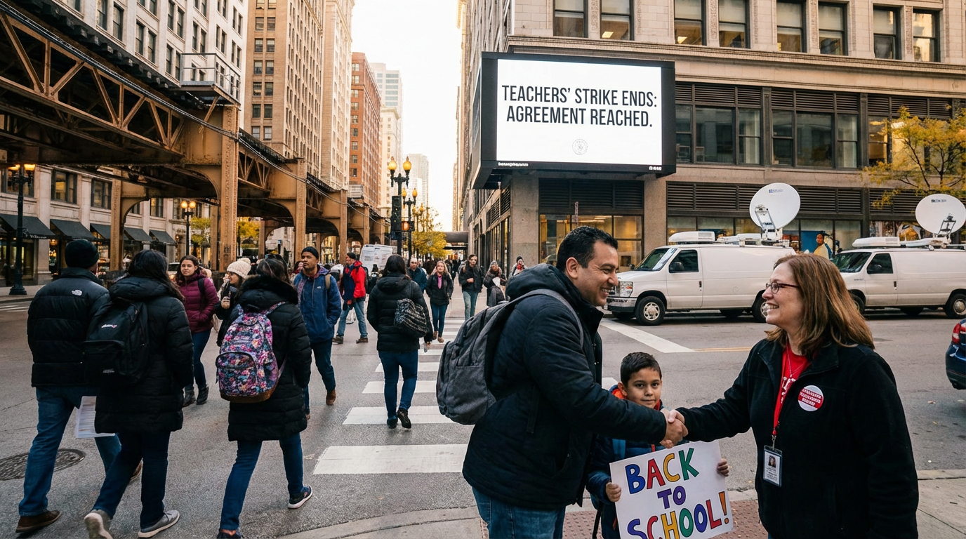 Chicago public school reopening after strike with students and parents entering the building.