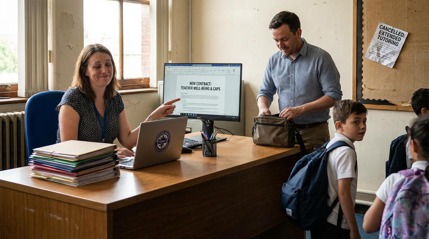A teacher and student interacting positively in a well-equipped Chicago classroom.