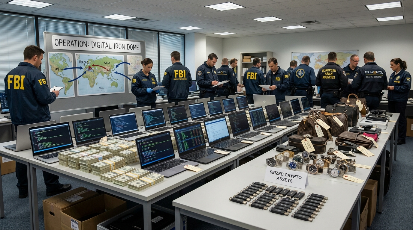 FBI command center monitoring global cybercrime data on large digital screens.