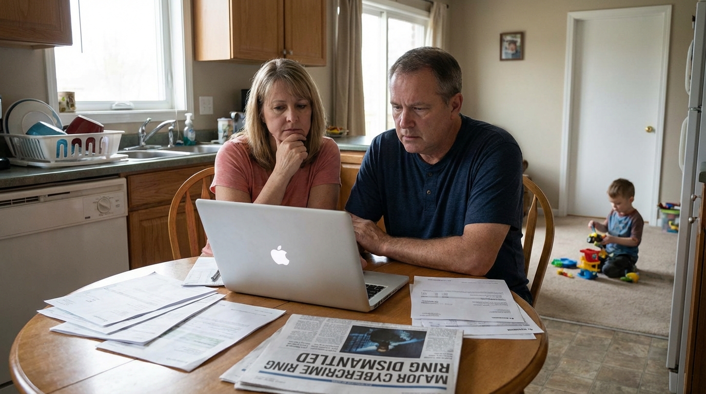 A concerned family looking at a security alert on their laptop in a dimly lot kitchen.