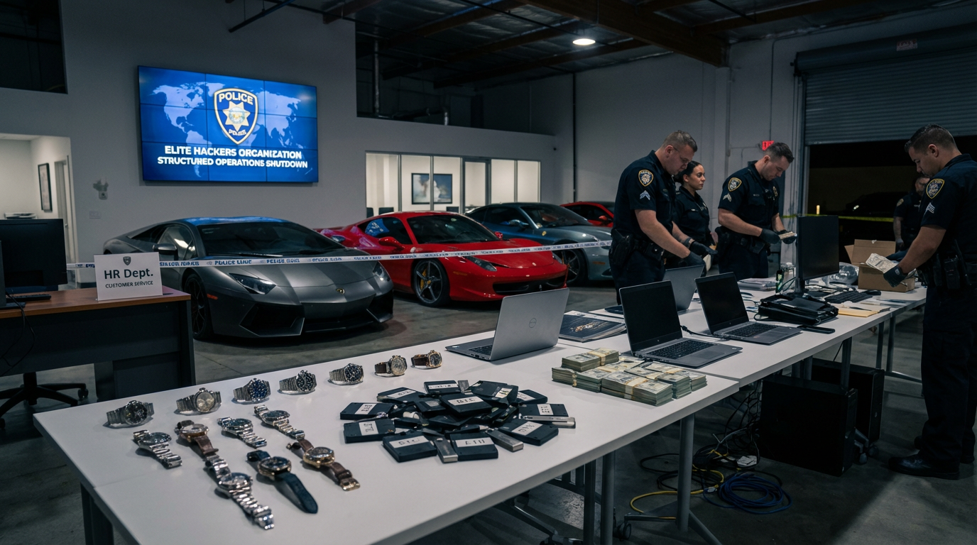 Seized luxury items including a crypto wallet, gold watch, and stacks of cash.