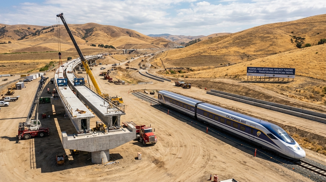 A modern aerodynamic high-speed train traveling on elevated tracks through the California landscape.