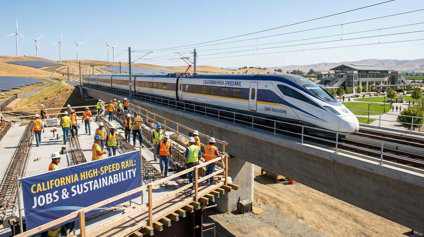 Inside a modern, bright, and sustainable high-speed rail station with passengers boarding a train.