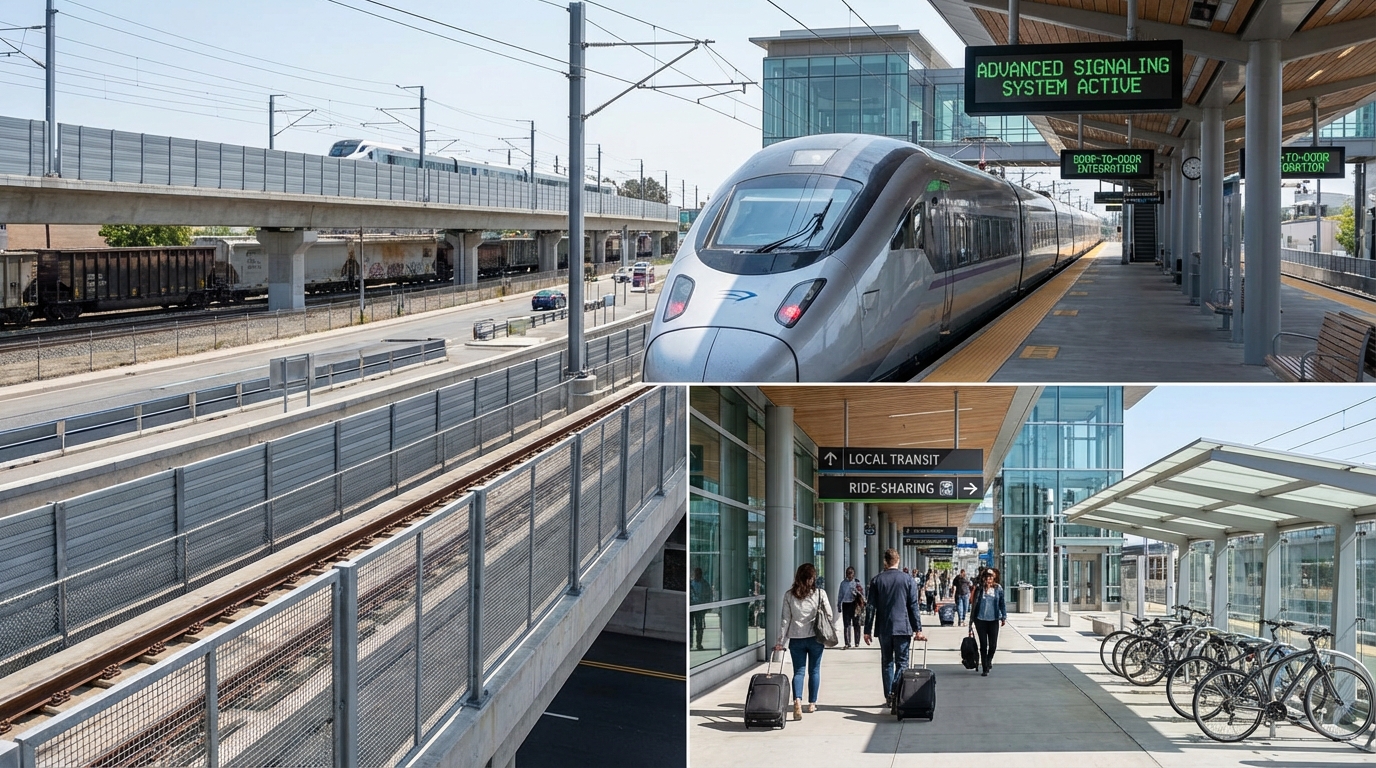 Electrified high-speed rail tracks leading into a modern metropolitan city skyline during sunset.