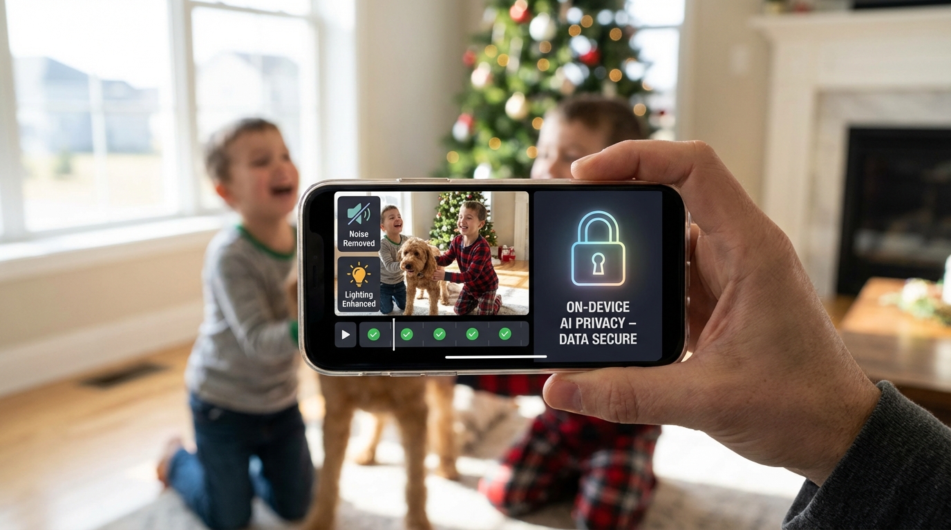 A family interacting with advanced AI features on a modern smartphone.