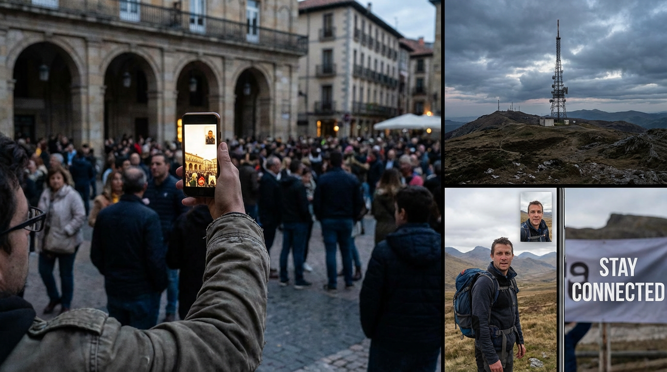 A person using a smartphone with visible 5G connectivity indicators in a futuristic setting.